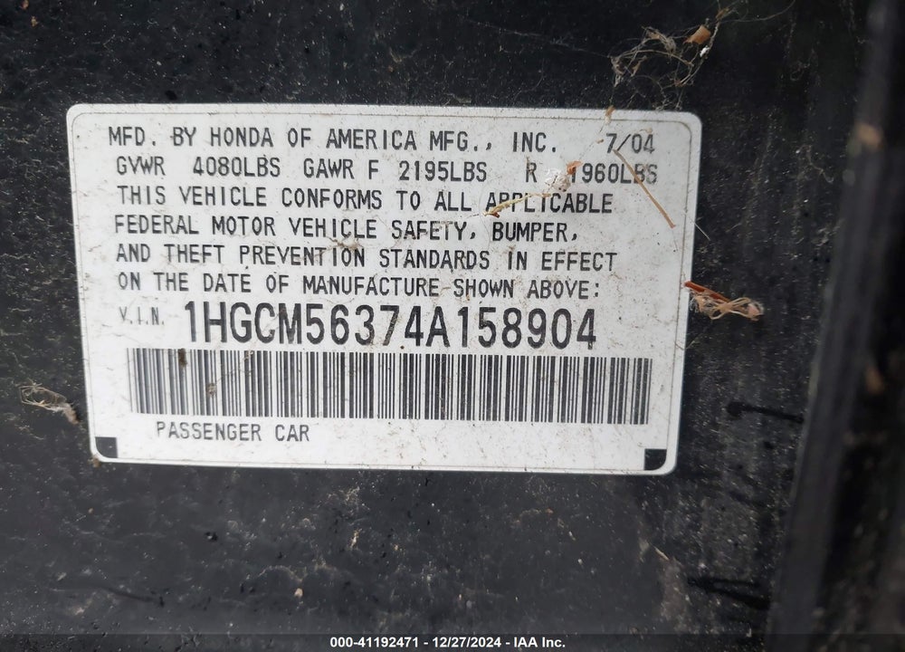2004 HONDA ACCORD 2.4 LX VIN: 1HGCM56374A158904