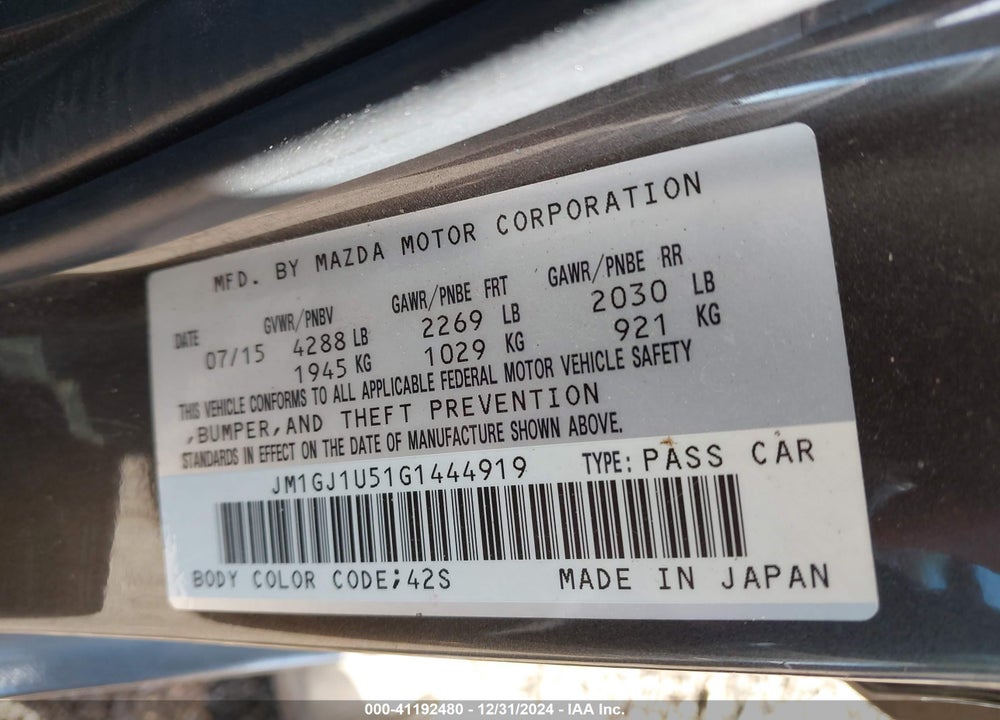 2016 MAZDA MAZDA6 VIN: JM1GJ1U51G1444919