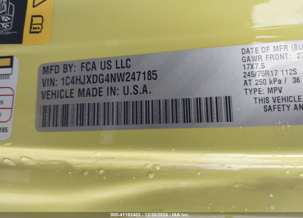 2022 JEEP WRANGLER UNLIMITED VIN: 1C4HJXDG4NW247185