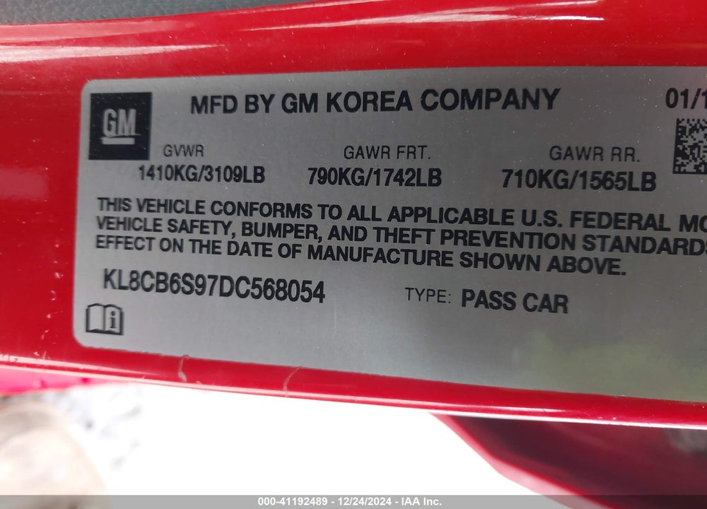 2013 CHEVROLET SPARK LS AUTO VIN: KL8CB6S97DC568054