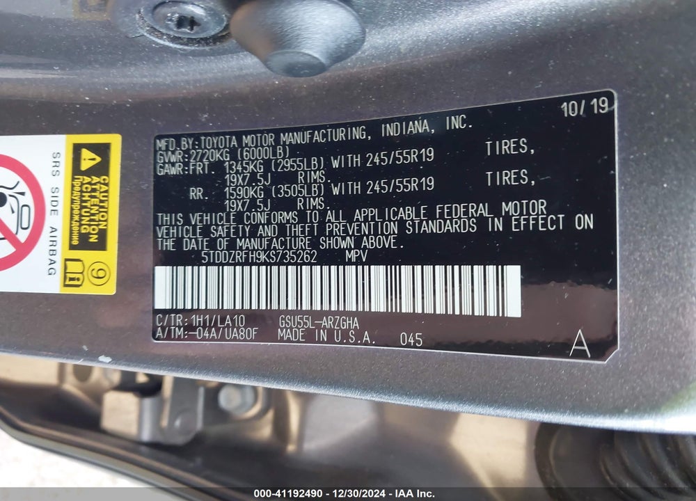 2019 TOYOTA HIGHLANDER LIMITED VIN: 5TDDZRFH9KS735262