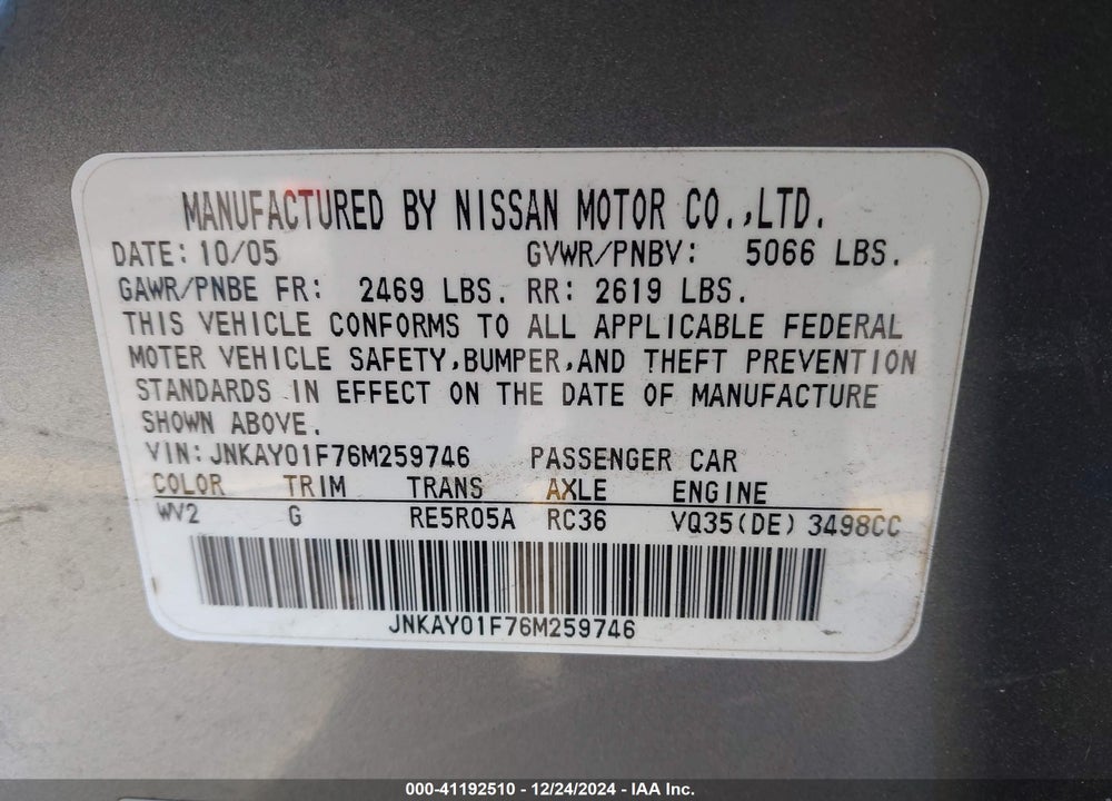 2006 INFINITI M35X VIN: JNKAY01F76M259746