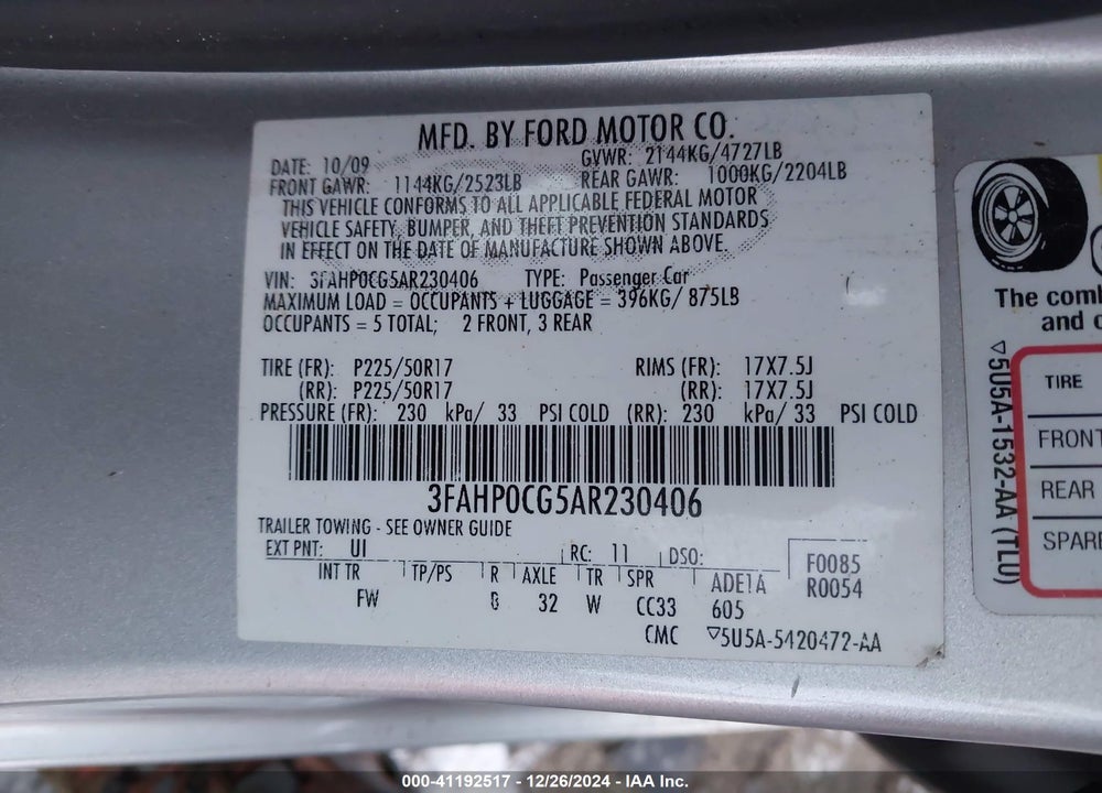 2010 FORD FUSION SEL VIN: 3FAHP0CG5AR230406