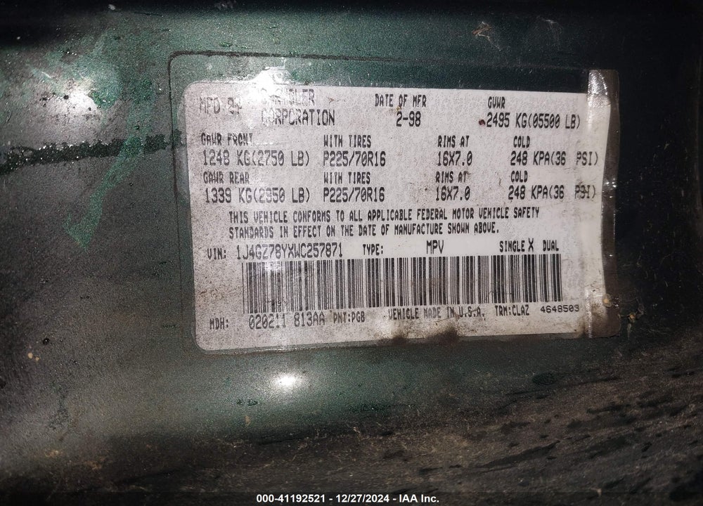 1998 JEEP GRAND CHEROKEE LIMITED VIN: 1J4GZ78YXWC257871