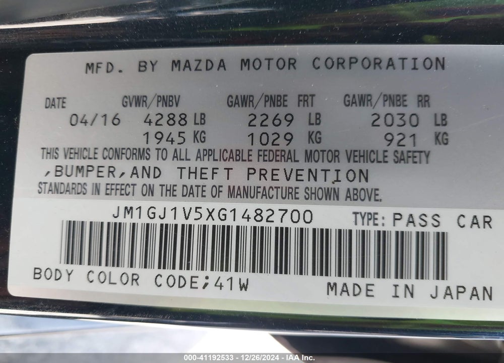 2016 MAZDA 6 VIN: JM1GJ1V5XG1482700