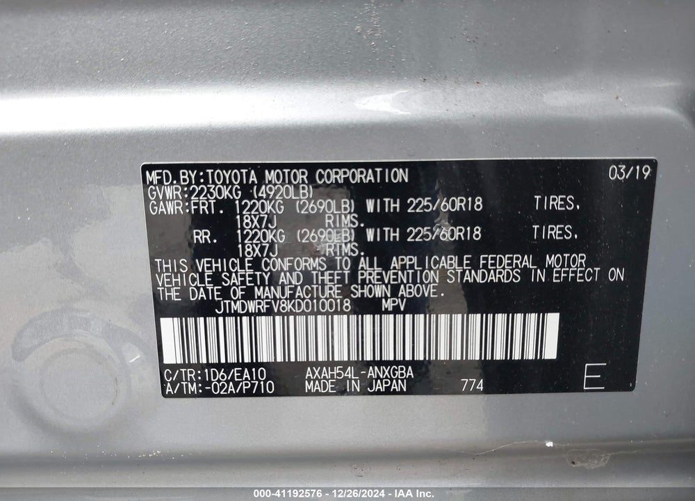 2019 TOYOTA RAV4 HYBRID LIMITED VIN: JTMDWRFV8KD010018