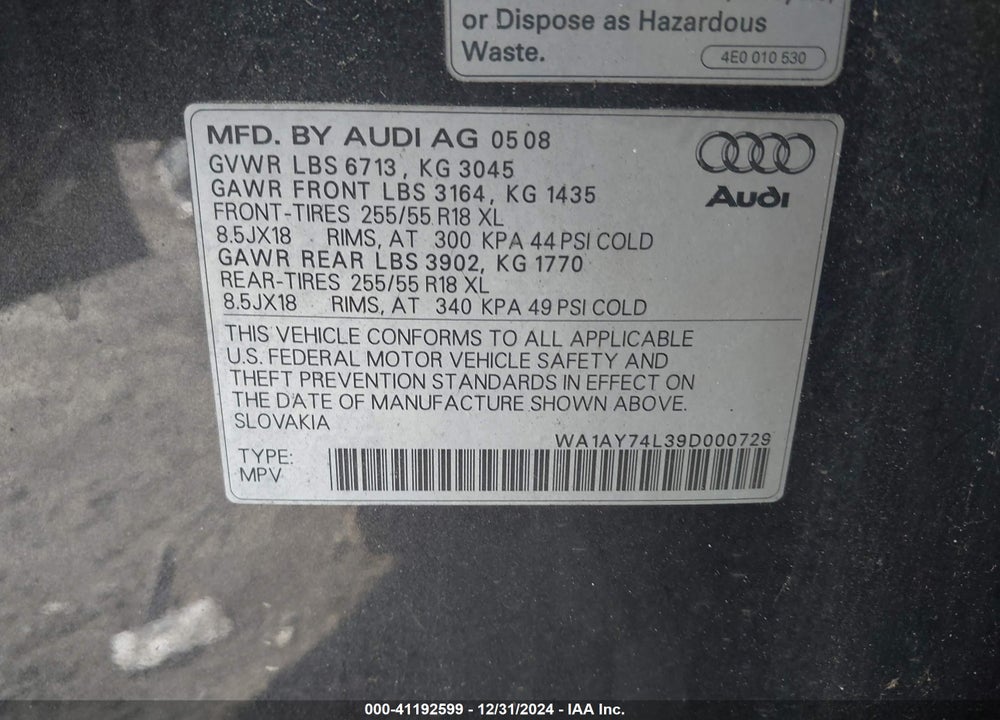2009 AUDI Q7 VIN: WA1AY74L39D000729