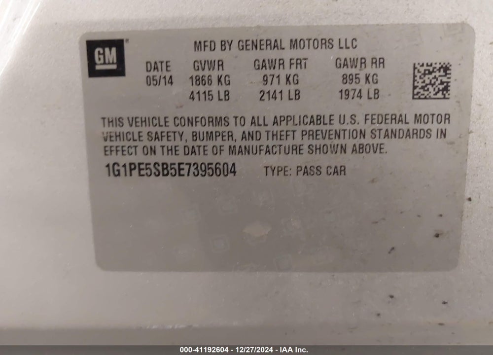2014 CHEVROLET CRUZE 2LT AUTO VIN: 1G1PE5SB5E7395604
