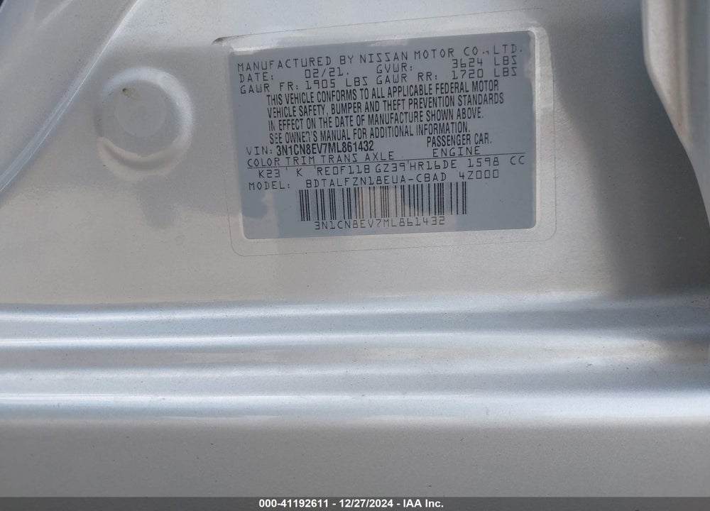 2021 NISSAN VERSA SV XTRONIC CVT VIN: 3N1CN8EV7ML861432