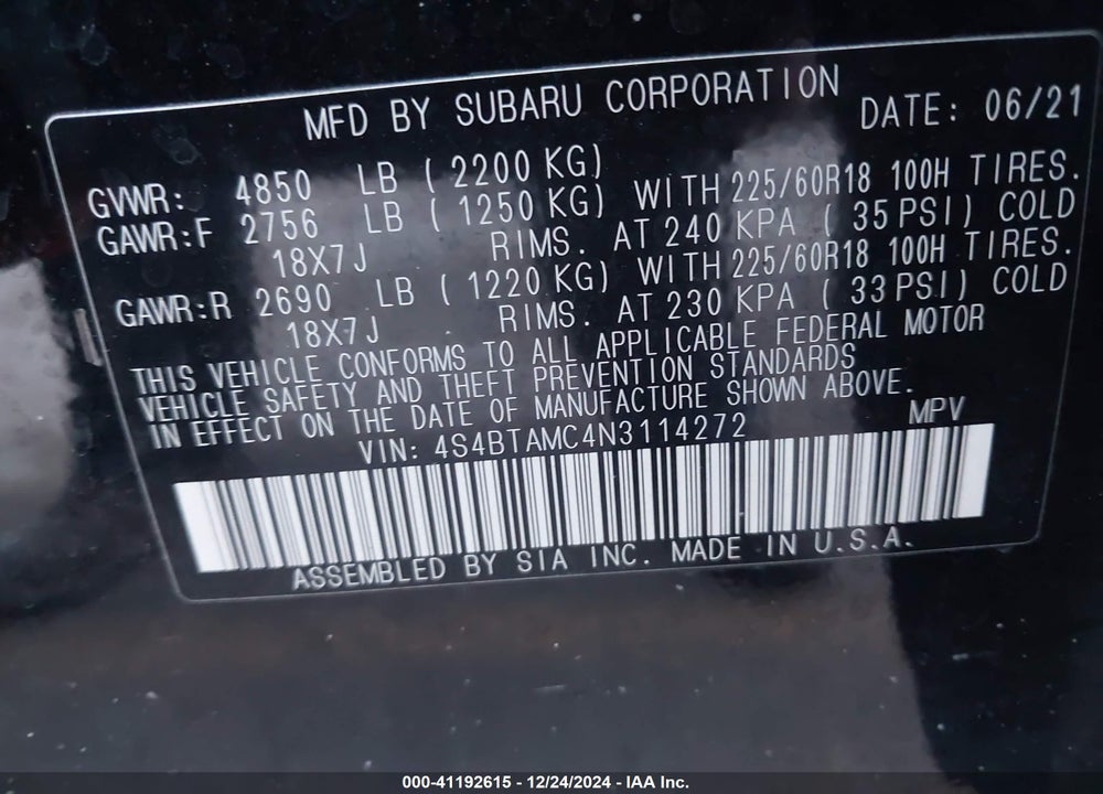 2022 SUBARU OUTBACK LIMITED VIN: 4S4BTAMC4N3114272