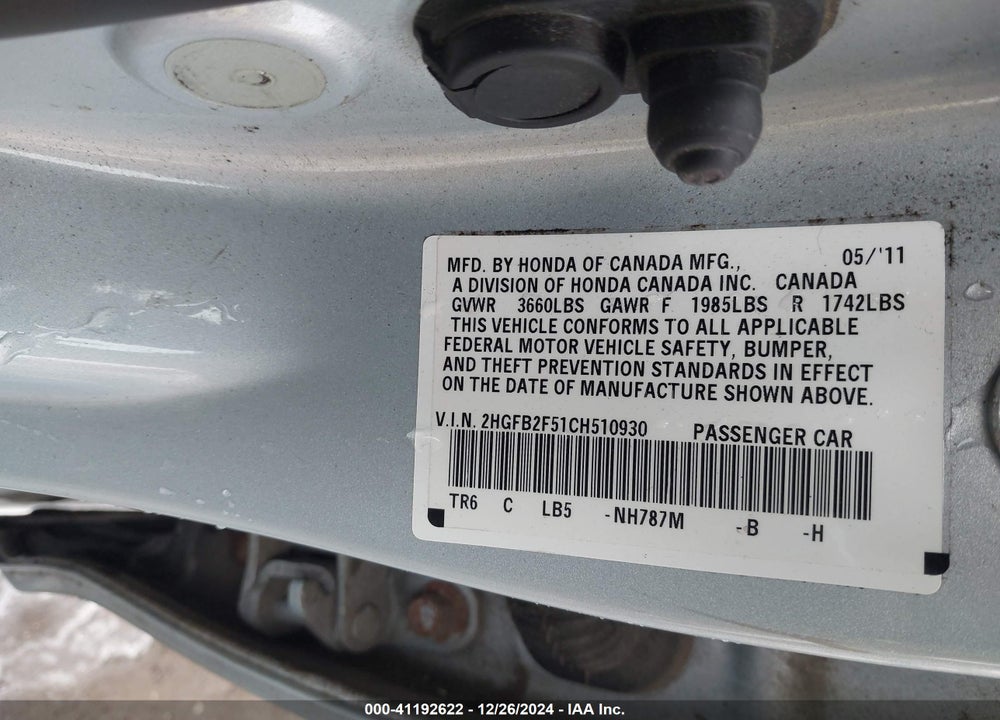 2012 HONDA CIVIC SDN LX VIN: 2HGFB2F51CH510930