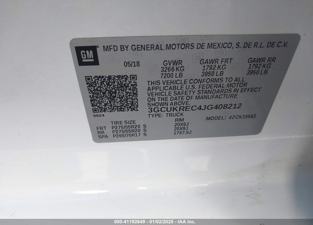 2018 CHEVROLET SILVERADO VIN: 3GCUKREC4JG408212