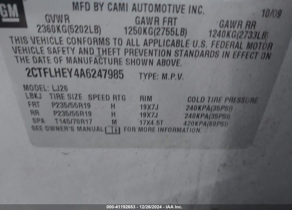 2010 GMC TERRAIN SLT-2 VIN: 2CTFLHEY4A6247985