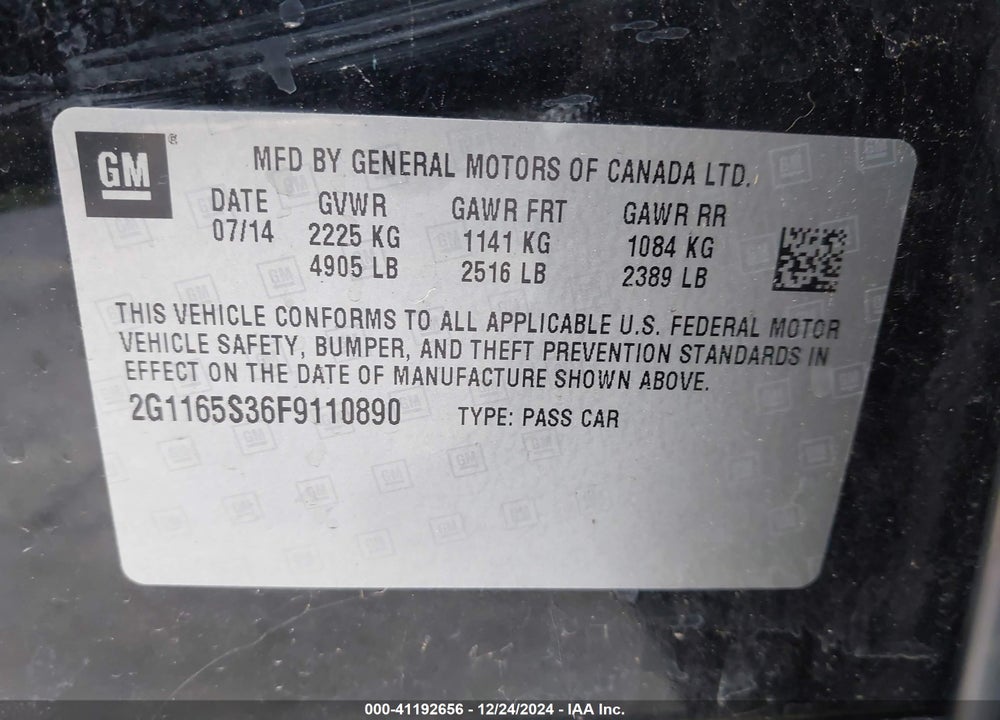 2015 CHEVROLET IMPALA 2LZ VIN: 2G1165S36F9110890