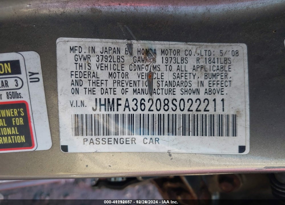 2008 HONDA CIVIC HYBRID VIN: JHMFA36208S022211