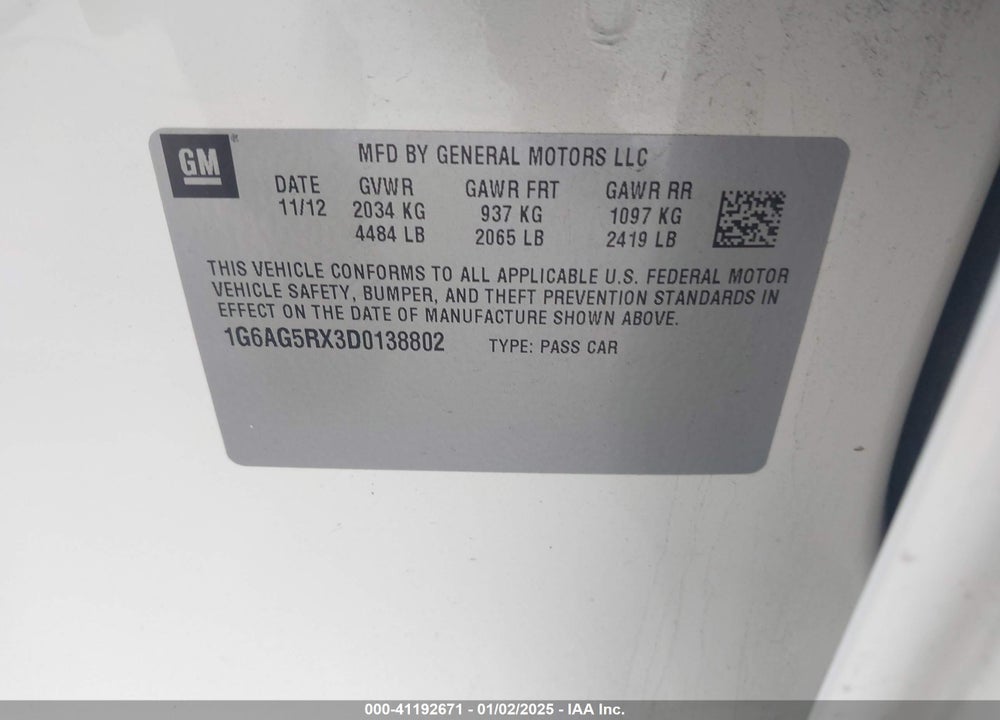 2013 CADILLAC ATS VIN: 1G6AG5RX3D0138802