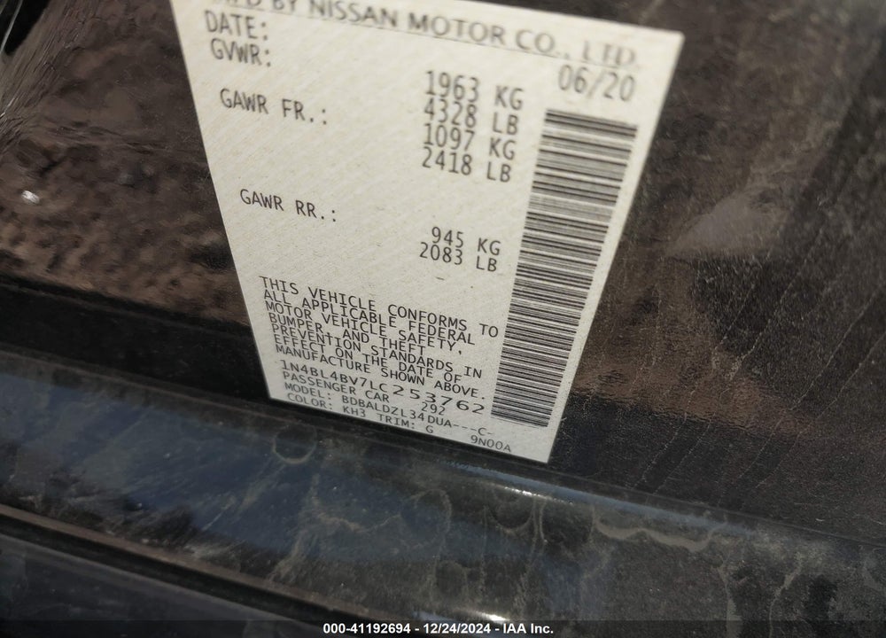 2020 NISSAN ALTIMA VIN: 1N4BL4BV7LC253762