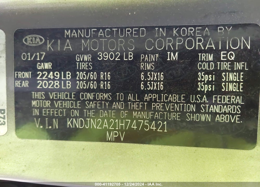 2017 KIA SOUL VIN: KNDJN2A21H7475421