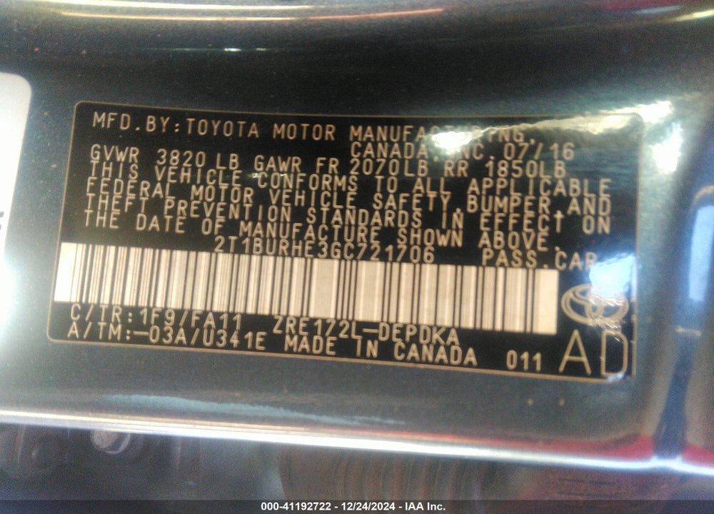 2016 TOYOTA COROLLA L VIN: 2T1BURHE3GC721706