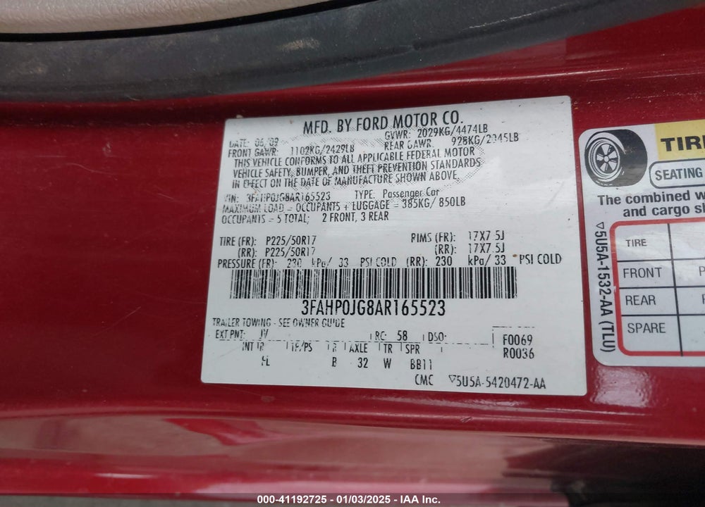 2010 FORD FUSION SEL VIN: 3FAHP0JG8AR165523
