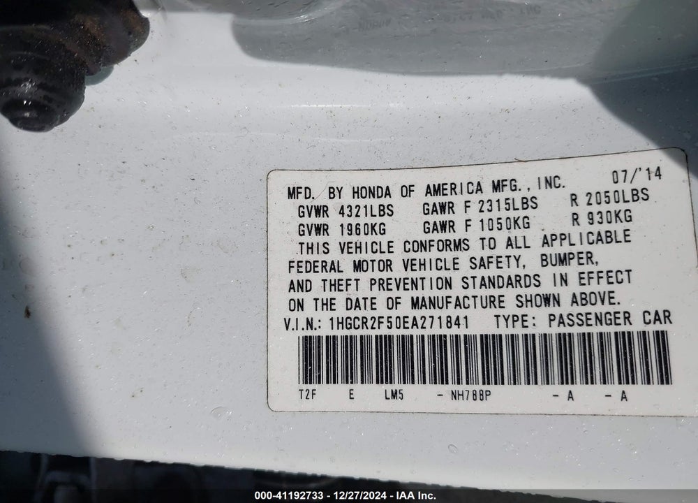 2014 HONDA ACCORD VIN: 1HGCR2F50EA271841