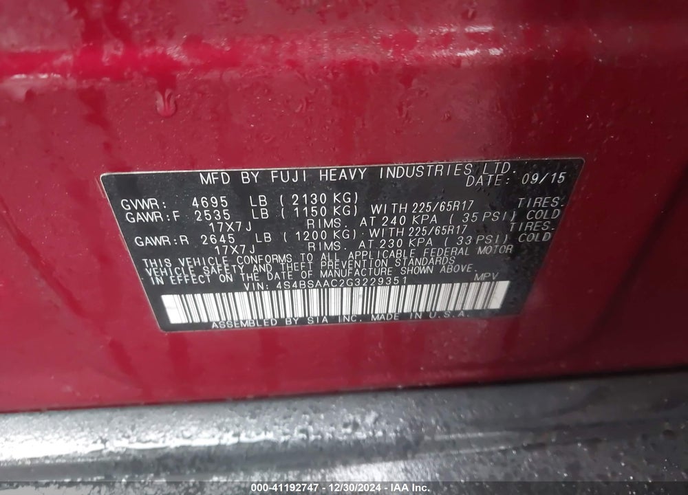 2016 SUBARU OUTBACK 2.5I VIN: 4S4BSAAC2G3229351