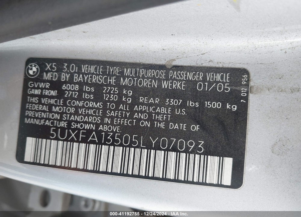 2005 BMW X5 3.0I VIN: 5UXFA13505LY07093