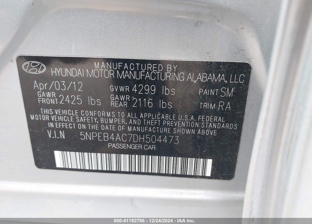 2013 HYUNDAI SONATA VIN: 5NPEB4AC7DH504473