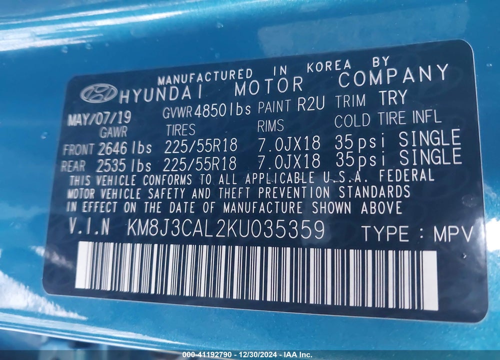 2019 HYUNDAI TUCSON LIMITED VIN: KM8J3CAL2KU035359