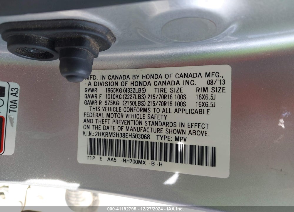 2014 HONDA CR-V LX VIN: 2HKRM3H38EH503068