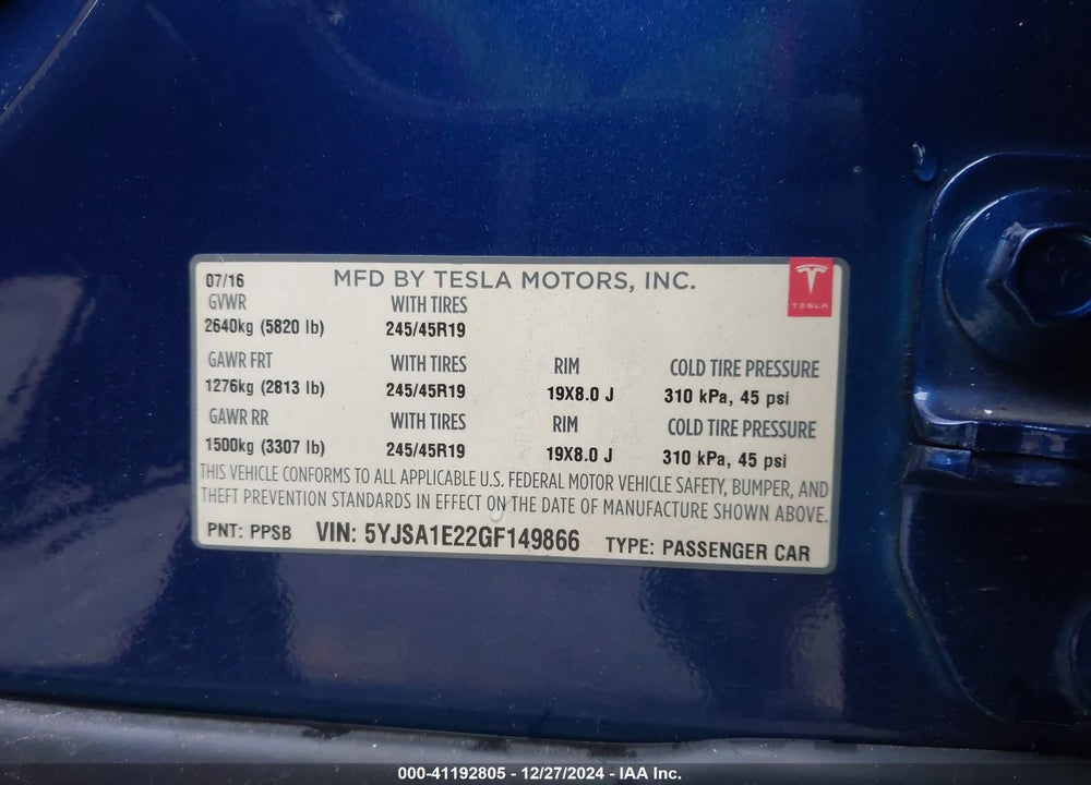 2016 TESLA MODEL S VIN: 5YJSA1E22GF149866