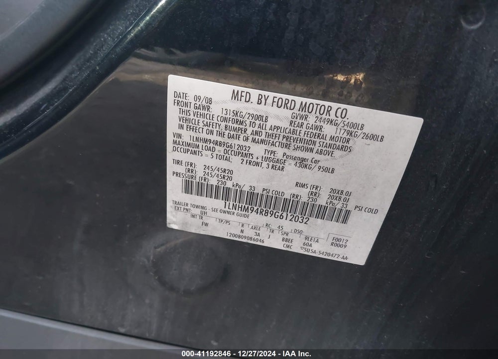 2009 LINCOLN MKS VIN: 1LNHM94R89G612032