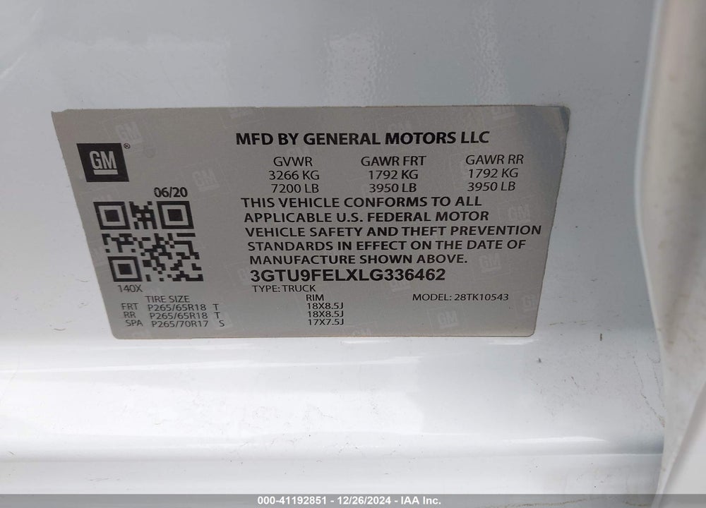 2020 GMC SIERRA 1500 VIN: 3GTU9FEL0LG424694