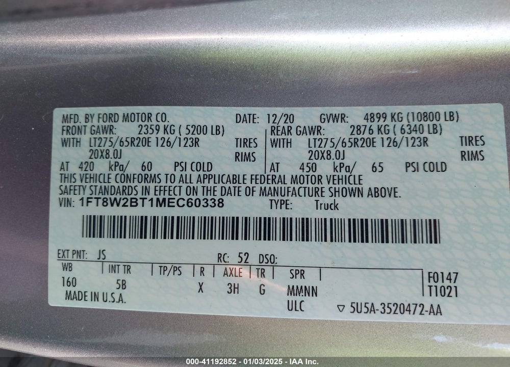 2021 FORD F-250 LARIAT VIN: 1FT8W2BT1MEC60338