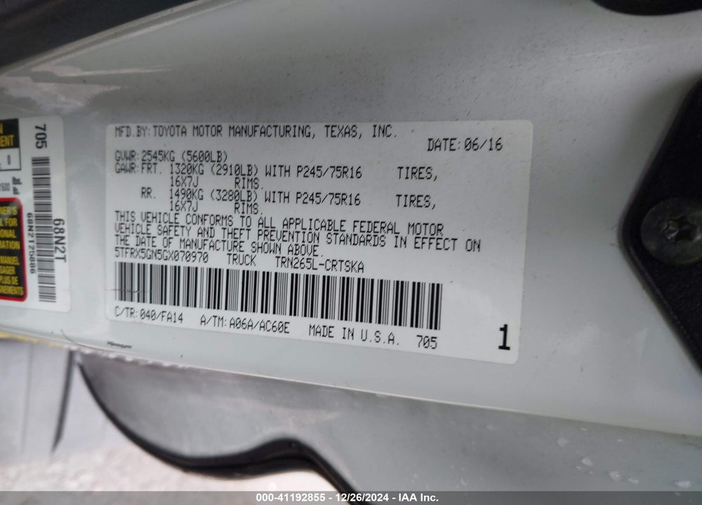 2016 TOYOTA TACOMA SR VIN: 5TFRX5GN5GX070970