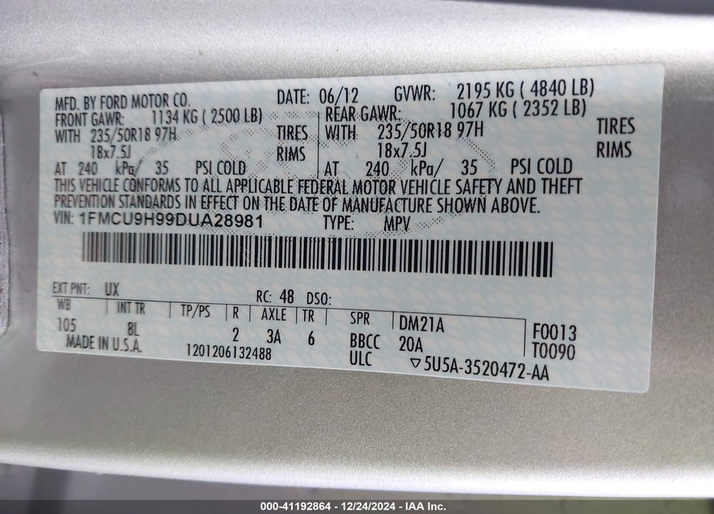 2013 FORD ESCAPE SEL VIN: 1FMCU9H99DUA28981