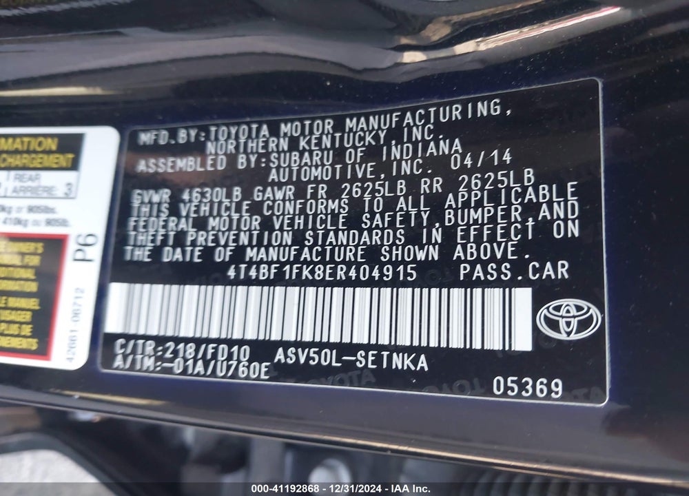2014 TOYOTA CAMRY VIN: 4T4BF1FK8ER404915
