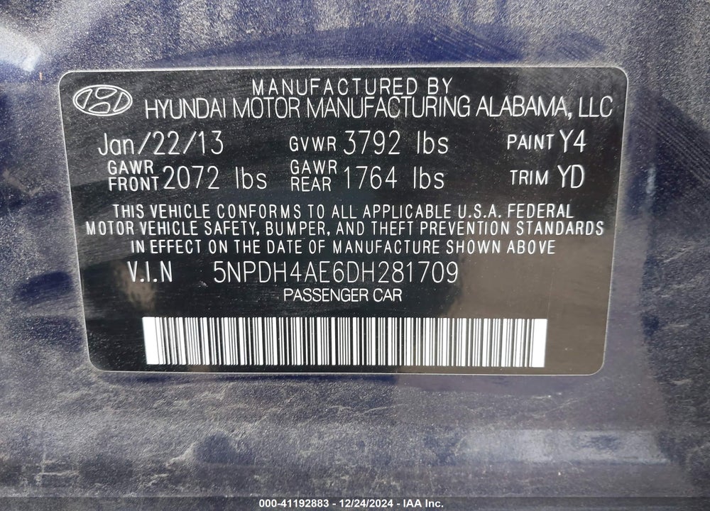 2013 HYUNDAI ELANTRA GLS VIN: 5NPDH4AE6DH281709