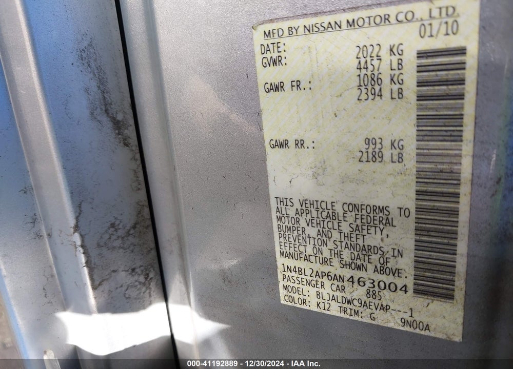 2010 NISSAN ALTIMA VIN: 1N4BL2AP6AN463004