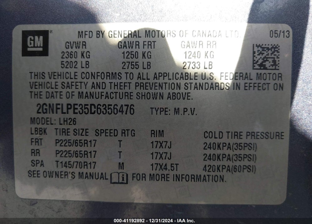 2013 CHEVROLET EQUINOX 2LT VIN: 2GNFLPE35D6356476