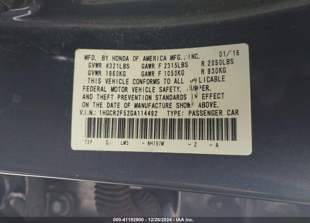 2016 HONDA ACCORD SPORT VIN: 1HGCR2F52GA114492