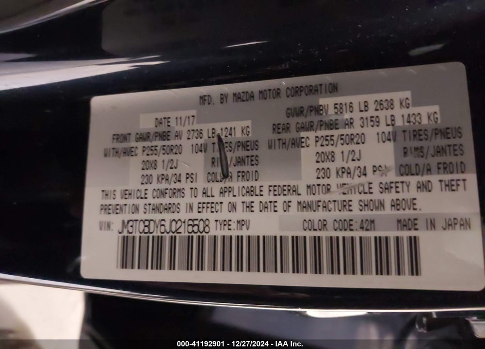 2018 MAZDA CX-9 GRAND TOURING VIN: JM3TCBDY6J0216508