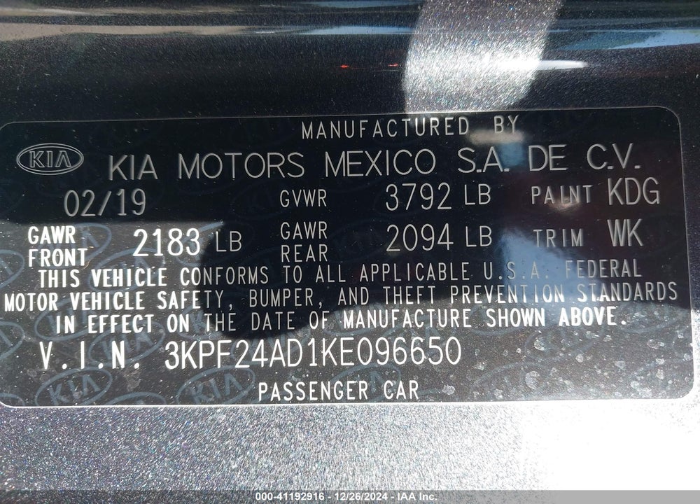 2019 KIA FORTE VIN: 3KPF24AD1KE096650