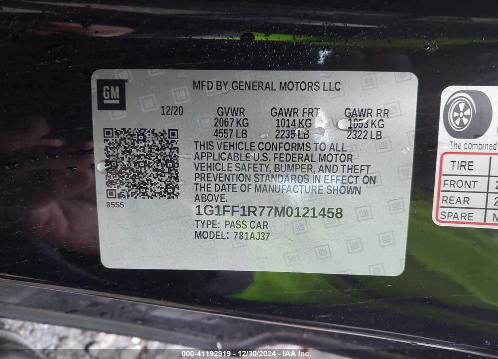 2021 CHEVROLET CAMARO RWD 1SS VIN: 1G1FF1R77M0121458
