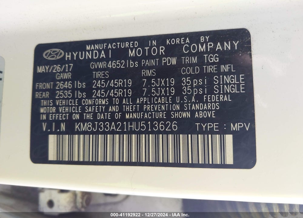 2017 HYUNDAI TUCSON SPORT VIN: KM8J33A21HU513626
