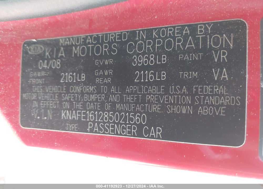 2008 KIA SPECTRA5 SX VIN: KNAFE161285021560