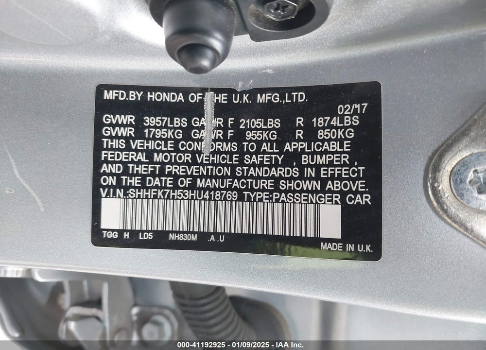 2017 HONDA CIVIC EX VIN: SHHFK7H53HU418769