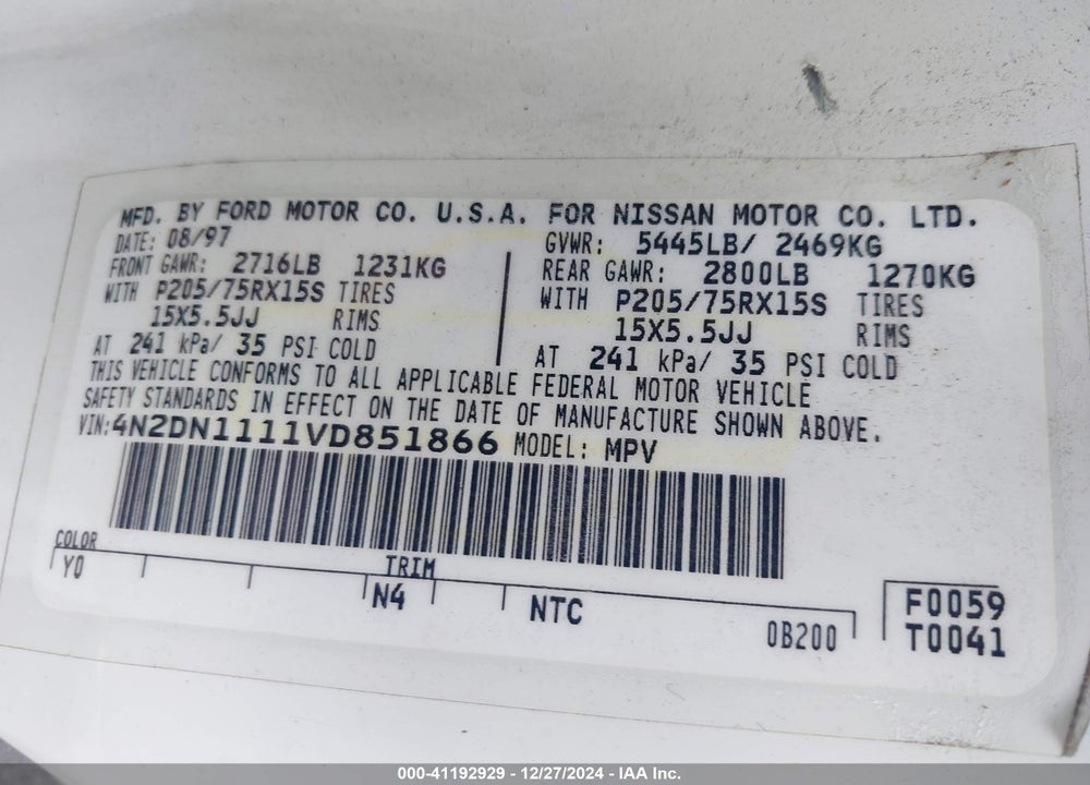 1997 NISSAN QUEST GXE/XE VIN: 4N2DN1111VD851866