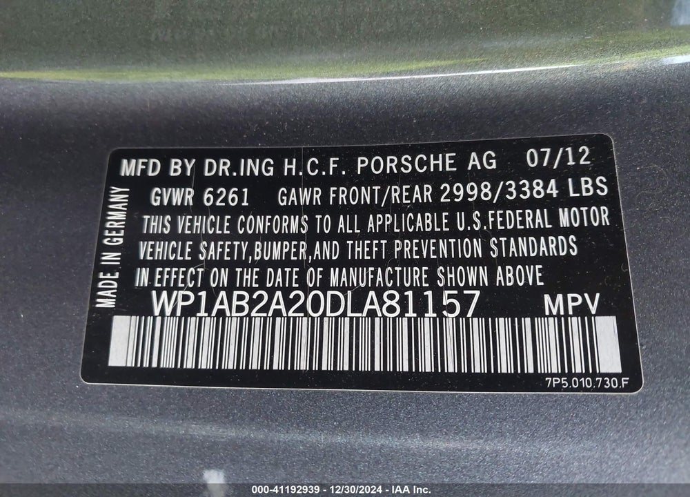 2013 PORSCHE CAYENNE S VIN: WP1AB2A20DLA81157