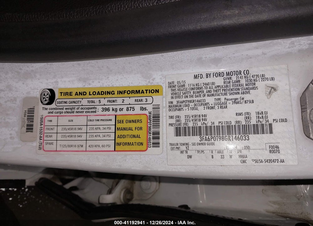 2016 FORD FUSION SE VIN: 3FA6P0T98GR146033